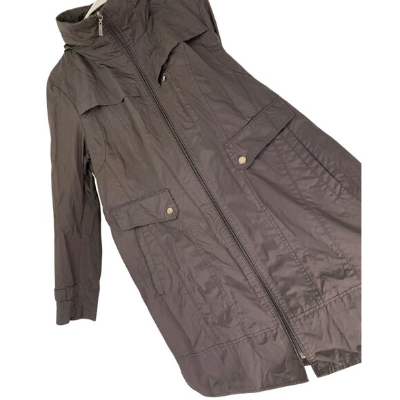 Cole Haan Womens XL Black Trench Rain Wind Coat Tuck Away Hood RJ10620 - Picture 2 of 12
